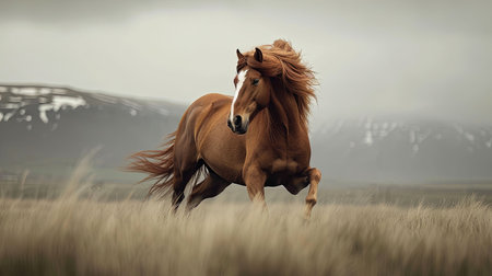 A breathtaking image of a powerful and majestic stallion galloping in a wild meadow with a dramatic mountain landscape in the background Capturing the essence of freedom and natural beautyの素材