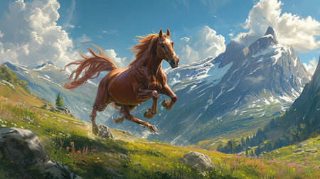 A breathtaking image of a powerful and majestic stallion galloping in a wild meadow with a dramatic mountain landscape in the background Capturing the essence of freedom and natural beautyの素材