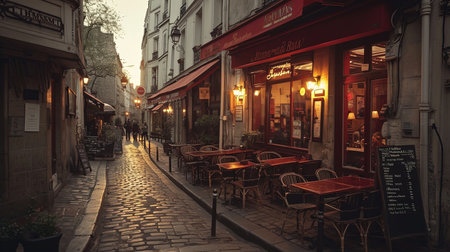 A charming scene from a historic European city capturing the essence of cobblestone streets classic architecture and vibrant street life The lighting should be warm and inviting ideally set during the golden hour to enhance the romantic and timeless feel of the cityscapeの素材