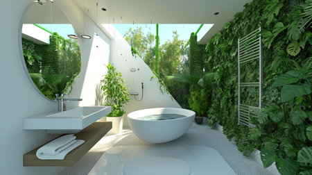 Experience a modern ecofriendly smart bathroom with water recycling systems intelligent mirrors green walls with living plants and sustainable materials The sleek and luxurious design beautifully integrates technology and sustainabilityの素材