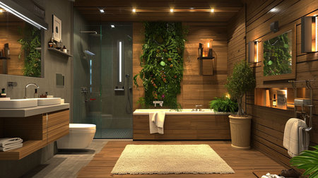 Experience a modern ecofriendly smart bathroom with water recycling systems intelligent mirrors green walls with living plants and sustainable materials The sleek and luxurious design beautifully integrates technology and sustainabilityの素材