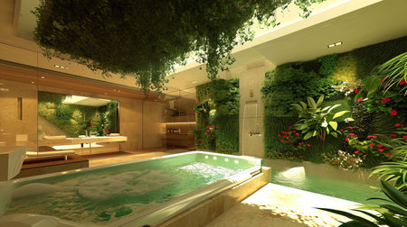 Experience a modern ecofriendly smart bathroom with water recycling systems intelligent mirrors green walls with living plants and sustainable materials The sleek and luxurious design beautifully integrates technology and sustainabilityの素材