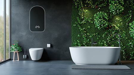 Experience a modern ecofriendly smart bathroom with water recycling systems intelligent mirrors green walls with living plants and sustainable materials The sleek and luxurious design beautifully integrates technology and sustainabilityの素材