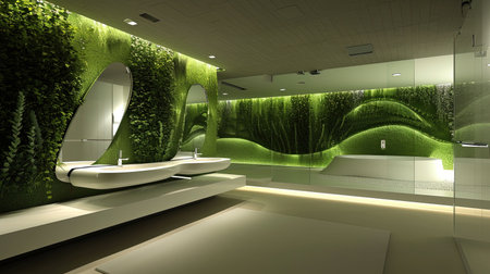 Experience a modern ecofriendly smart bathroom with water recycling systems intelligent mirrors green walls with living plants and sustainable materials The sleek and luxurious design beautifully integrates technology and sustainabilityの素材