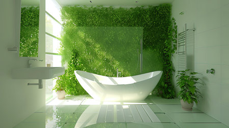 Experience a modern ecofriendly smart bathroom with water recycling systems intelligent mirrors green walls with living plants and sustainable materials The sleek and luxurious design beautifully integrates technology and sustainabilityの素材