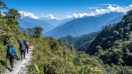 Experience the beauty of nature on this lush forest trail Trek along the path surrounded by greenery and reach a stunning viewpoint Admire the vastness and tranquility of the river or valley below under a clear blue skyの素材