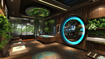 Experience a modern ecofriendly smart bathroom with water recycling systems intelligent mirrors green walls with living plants and sustainable materials The sleek and luxurious design beautifully integrates technology and sustainabilityの素材