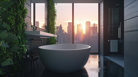 Experience a modern ecofriendly smart bathroom with water recycling systems intelligent mirrors green walls with living plants and sustainable materials The sleek and luxurious design beautifully integrates technology and sustainabilityの素材
