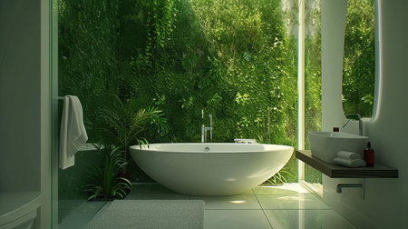 Experience a modern ecofriendly smart bathroom with water recycling systems intelligent mirrors green walls with living plants and sustainable materials The sleek and luxurious design beautifully integrates technology and sustainabilityの素材