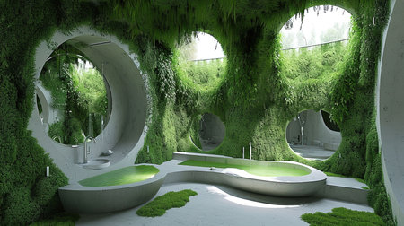 Experience a modern ecofriendly smart bathroom with water recycling systems intelligent mirrors green walls with living plants and sustainable materials The sleek and luxurious design beautifully integrates technology and sustainabilityの素材