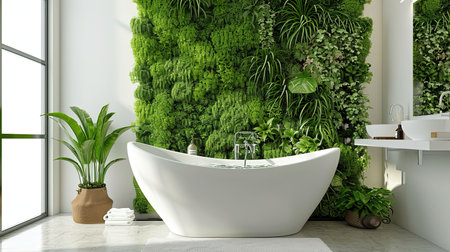 Experience a modern ecofriendly smart bathroom with water recycling systems intelligent mirrors green walls with living plants and sustainable materials The sleek and luxurious design beautifully integrates technology and sustainabilityの素材