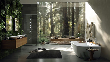 Experience a modern ecofriendly smart bathroom with water recycling systems intelligent mirrors green walls with living plants and sustainable materials The sleek and luxurious design beautifully integrates technology and sustainabilityの素材