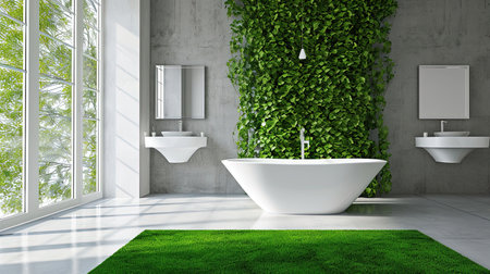 Experience a modern ecofriendly smart bathroom with water recycling systems intelligent mirrors green walls with living plants and sustainable materials The sleek and luxurious design beautifully integrates technology and sustainabilityの素材