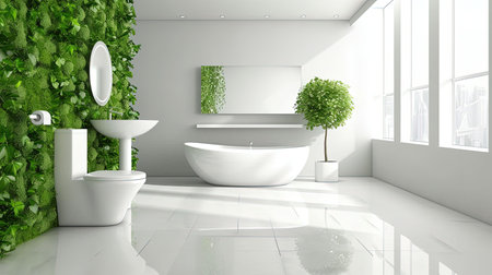 Experience a modern ecofriendly smart bathroom with water recycling systems intelligent mirrors green walls with living plants and sustainable materials The sleek and luxurious design beautifully integrates technology and sustainabilityの素材
