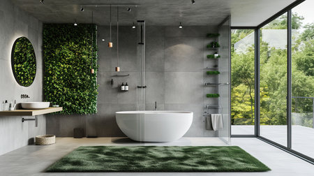 Experience a modern ecofriendly smart bathroom with water recycling systems intelligent mirrors green walls with living plants and sustainable materials The sleek and luxurious design beautifully integrates technology and sustainabilityの素材