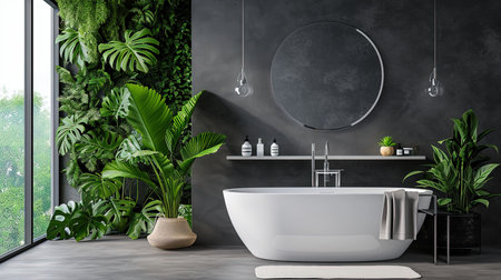 Experience a modern ecofriendly smart bathroom with water recycling systems intelligent mirrors green walls with living plants and sustainable materials The sleek and luxurious design beautifully integrates technology and sustainabilityの素材