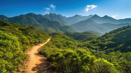 Experience the beauty of nature on this lush forest trail Trek along the path surrounded by greenery and reach a stunning viewpoint Admire the vastness and tranquility of the river or valley below under a clear blue skyの素材