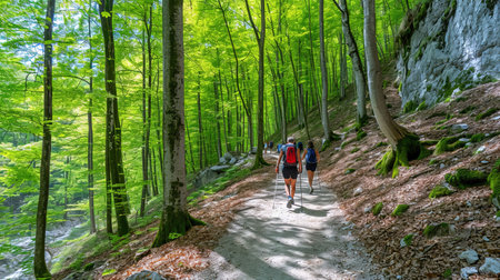 Experience the beauty of nature on this lush forest trail Trek along the path surrounded by greenery and reach a stunning viewpoint Admire the vastness and tranquility of the river or valley below under a clear blue skyの素材