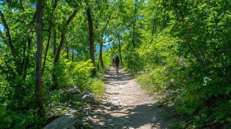 Experience the beauty of nature on this lush forest trail Trek along the path surrounded by greenery and reach a stunning viewpoint Admire the vastness and tranquility of the river or valley below under a clear blue skyの素材