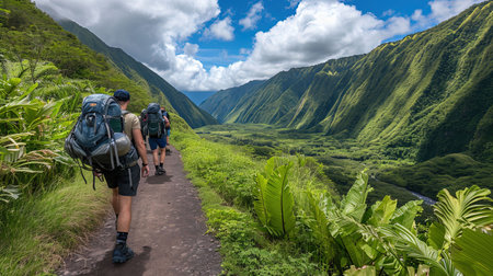 Experience the beauty of nature on this lush forest trail Trek along the path surrounded by greenery and reach a stunning viewpoint Admire the vastness and tranquility of the river or valley below under a clear blue skyの素材