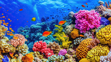Experience the breathtaking beauty of an underwater world as divers and snorkelers discover vibrant coral reefs teeming with marine life Immerse yourself in the wonder and serenity of the marine ecosystemの素材