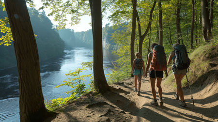 Experience the beauty of nature on this lush forest trail Trek along the path surrounded by greenery and reach a stunning viewpoint Admire the vastness and tranquility of the river or valley below under a clear blue skyの素材