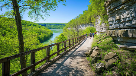 Experience the beauty of nature on this lush forest trail Trek along the path surrounded by greenery and reach a stunning viewpoint Admire the vastness and tranquility of the river or valley below under a clear blue skyの素材