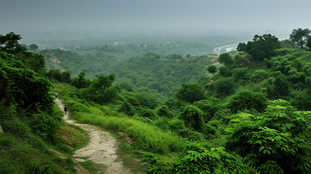 Experience the beauty of nature on this lush forest trail Trek along the path surrounded by greenery and reach a stunning viewpoint Admire the vastness and tranquility of the river or valley below under a clear blue skyの素材