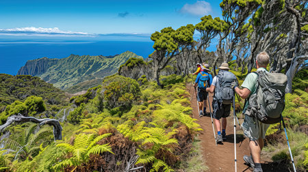 Experience the beauty of nature on this lush forest trail Trek along the path surrounded by greenery and reach a stunning viewpoint Admire the vastness and tranquility of the river or valley below under a clear blue skyの素材
