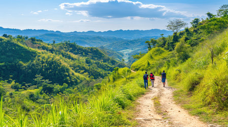 Experience the beauty of nature on this lush forest trail Trek along the path surrounded by greenery and reach a stunning viewpoint Admire the vastness and tranquility of the river or valley below under a clear blue skyの素材