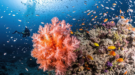 Experience the breathtaking beauty of an underwater world as divers and snorkelers discover vibrant coral reefs teeming with marine life Immerse yourself in the wonder and serenity of the marine ecosystemの素材