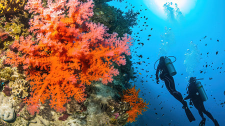 Experience the breathtaking beauty of an underwater world as divers and snorkelers discover vibrant coral reefs teeming with marine life Immerse yourself in the wonder and serenity of the marine ecosystemの素材