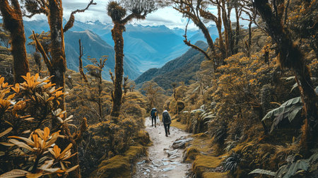 Experience the beauty of nature on this lush forest trail Trek along the path surrounded by greenery and reach a stunning viewpoint Admire the vastness and tranquility of the river or valley below under a clear blue skyの素材