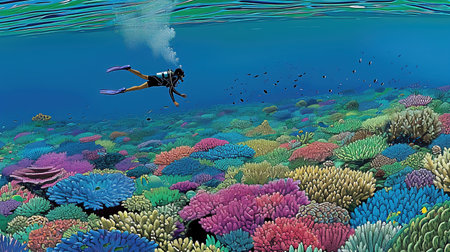 Experience the breathtaking beauty of an underwater world as divers and snorkelers discover vibrant coral reefs teeming with marine life Immerse yourself in the wonder and serenity of the marine ecosystemの素材