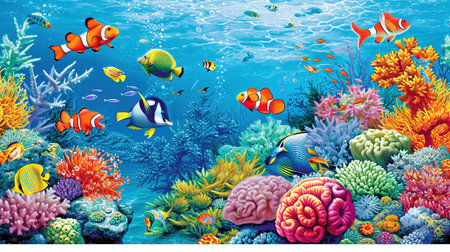 Experience the breathtaking beauty of an underwater world as divers and snorkelers discover vibrant coral reefs teeming with marine life Immerse yourself in the wonder and serenity of the marine ecosystemの素材