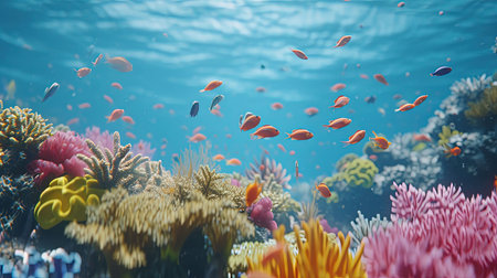 Experience the breathtaking beauty of an underwater world as divers and snorkelers discover vibrant coral reefs teeming with marine life Immerse yourself in the wonder and serenity of the marine ecosystemの素材