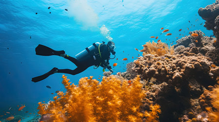 Experience the breathtaking beauty of an underwater world as divers and snorkelers discover vibrant coral reefs teeming with marine life Immerse yourself in the wonder and serenity of the marine ecosystemの素材