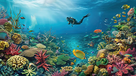 Experience the breathtaking beauty of an underwater world as divers and snorkelers discover vibrant coral reefs teeming with marine life Immerse yourself in the wonder and serenity of the marine ecosystemの素材