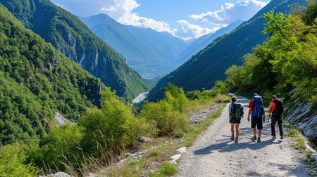 Experience the beauty of nature on this lush forest trail Trek along the path surrounded by greenery and reach a stunning viewpoint Admire the vastness and tranquility of the river or valley below under a clear blue skyの素材