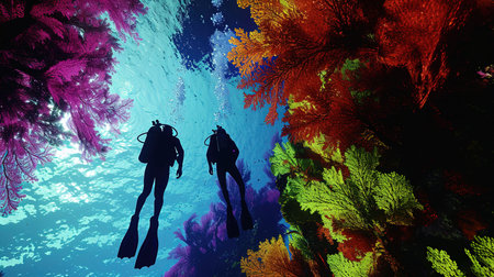 Experience the breathtaking beauty of an underwater world as divers and snorkelers discover vibrant coral reefs teeming with marine life Immerse yourself in the wonder and serenity of the marine ecosystemの素材