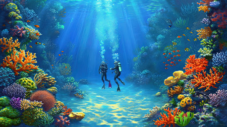 Experience the breathtaking beauty of an underwater world as divers and snorkelers discover vibrant coral reefs teeming with marine life Immerse yourself in the wonder and serenity of the marine ecosystemの素材