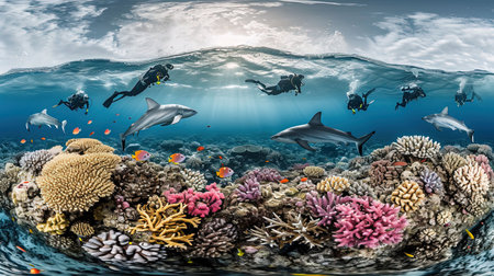 Experience the breathtaking beauty of an underwater world as divers and snorkelers discover vibrant coral reefs teeming with marine life Immerse yourself in the wonder and serenity of the marine ecosystemの素材