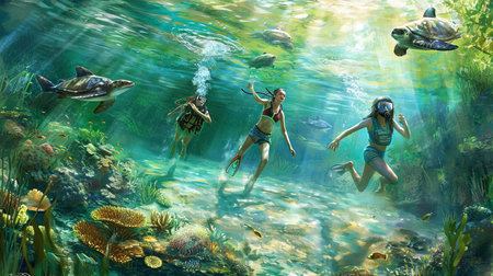 Experience the breathtaking beauty of an underwater world as divers and snorkelers discover vibrant coral reefs teeming with marine life Immerse yourself in the wonder and serenity of the marine ecosystemの素材
