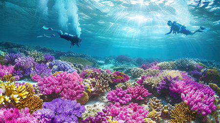 Experience the breathtaking beauty of an underwater world as divers and snorkelers discover vibrant coral reefs teeming with marine life Immerse yourself in the wonder and serenity of the marine ecosystemの素材