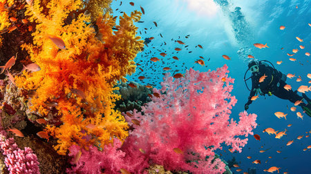 Experience the breathtaking beauty of an underwater world as divers and snorkelers discover vibrant coral reefs teeming with marine life Immerse yourself in the wonder and serenity of the marine ecosystemの素材