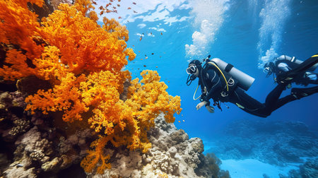Experience the breathtaking beauty of an underwater world as divers and snorkelers discover vibrant coral reefs teeming with marine life Immerse yourself in the wonder and serenity of the marine ecosystemの素材