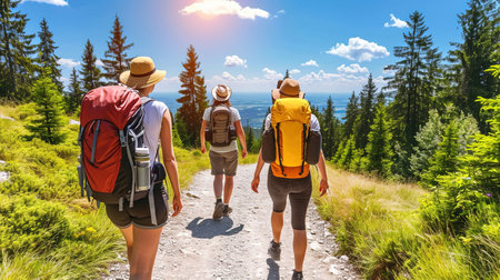 Experience the beauty of nature on this lush forest trail Trek along the path surrounded by greenery and reach a stunning viewpoint Admire the vastness and tranquility of the river or valley below under a clear blue skyの素材