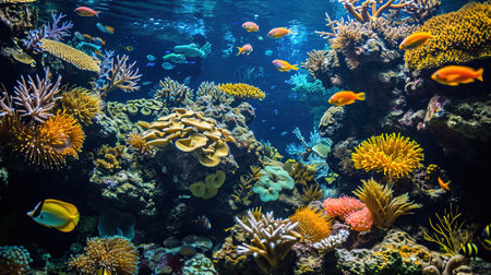 Experience the breathtaking beauty of an underwater world as divers and snorkelers discover vibrant coral reefs teeming with marine life Immerse yourself in the wonder and serenity of the marine ecosystemの素材