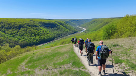 Experience the beauty of nature on this lush forest trail Trek along the path surrounded by greenery and reach a stunning viewpoint Admire the vastness and tranquility of the river or valley below under a clear blue skyの素材
