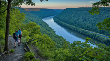 Experience the beauty of nature on this lush forest trail Trek along the path surrounded by greenery and reach a stunning viewpoint Admire the vastness and tranquility of the river or valley below under a clear blue skyの素材